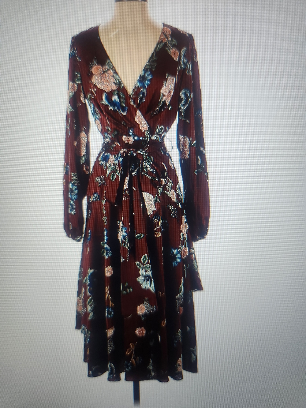 Long Sleeve Brown Floral Wrap Dress with Tie Waist